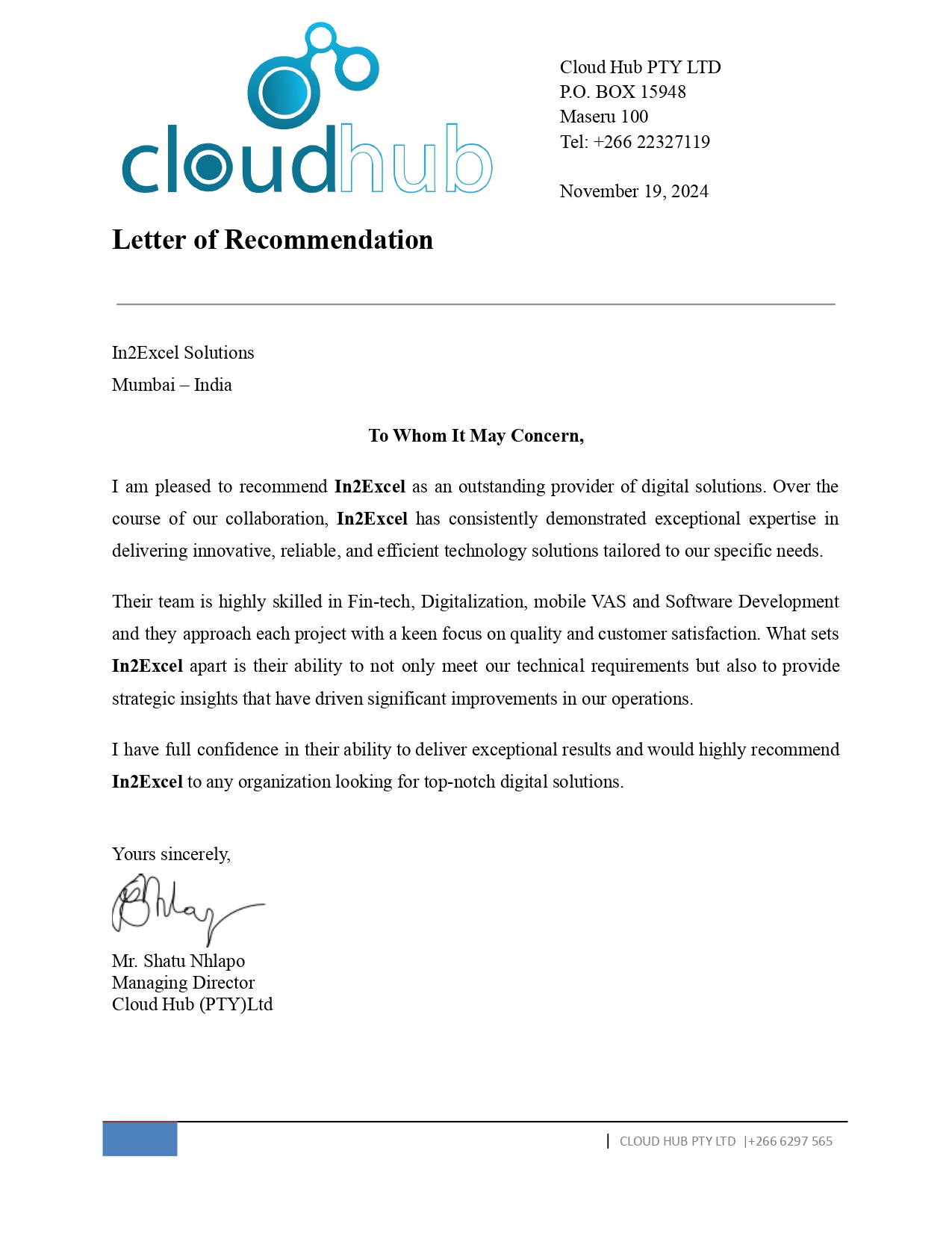 Cloud Hub PTY LTD Testimonial Letter