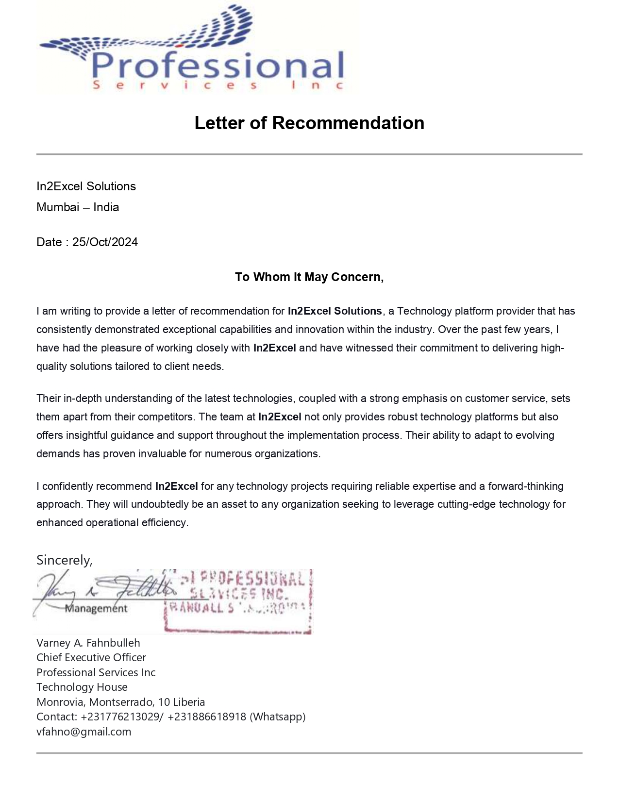 Professional Services Inc Testimonial Letter