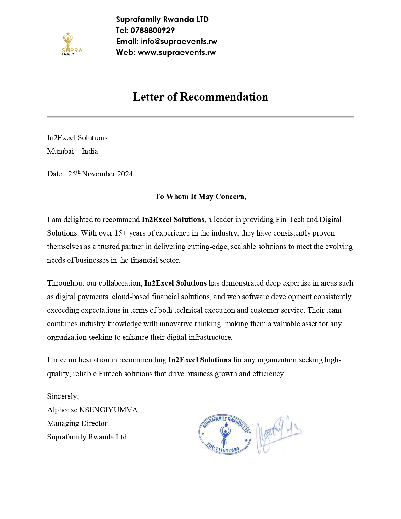 Suprafamily Rwanda LTD Testimonial Letter